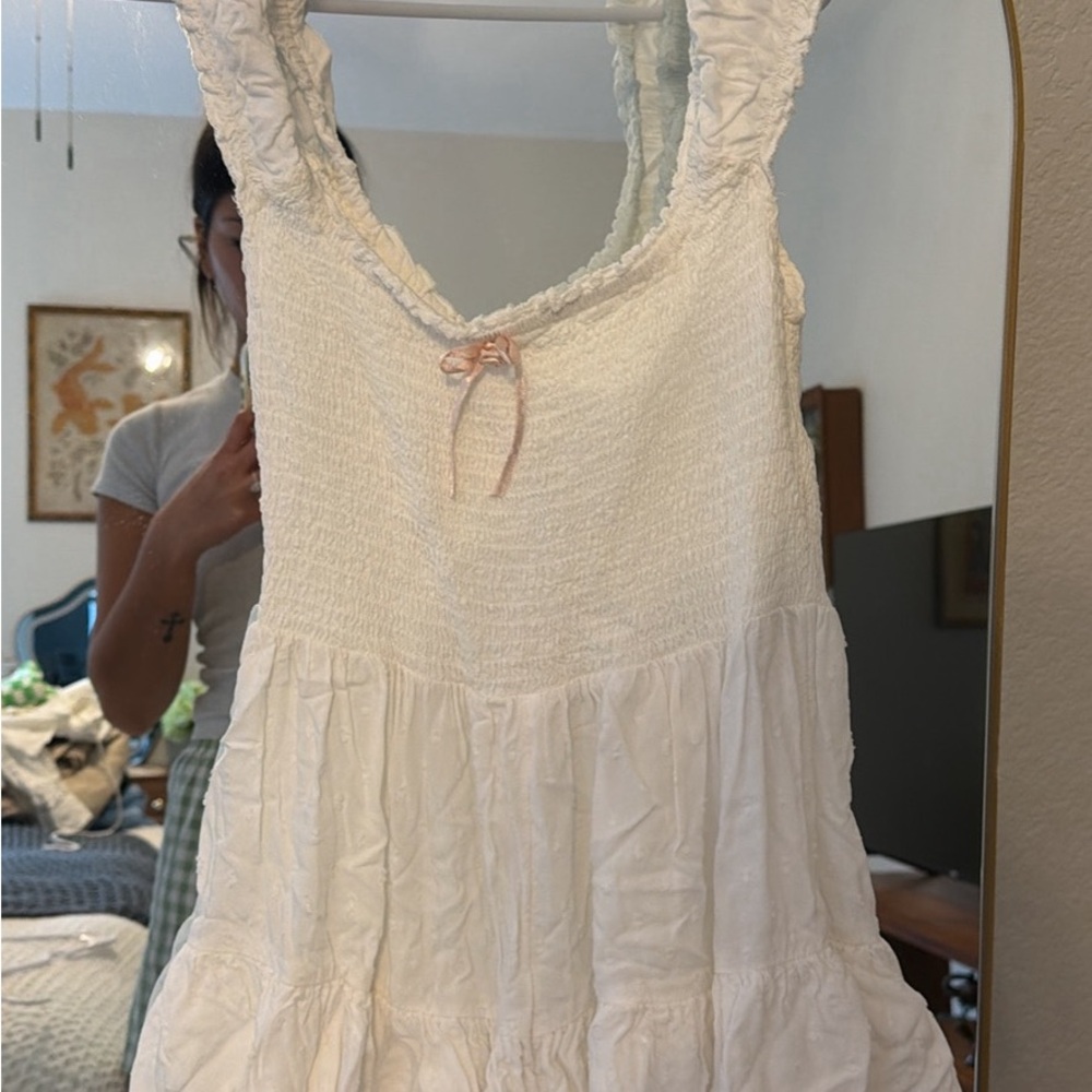 Kimchi Blue Urban Outfitters Cream Smocked Romper with Pink Tie Detail